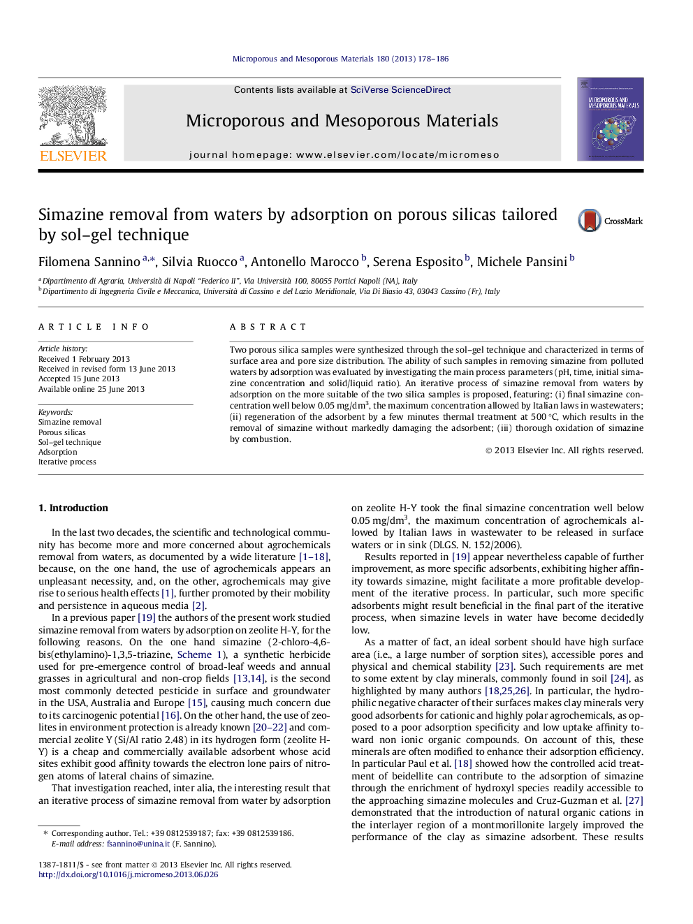 Simazine removal from waters by adsorption on porous silicas tailored by sol–gel technique