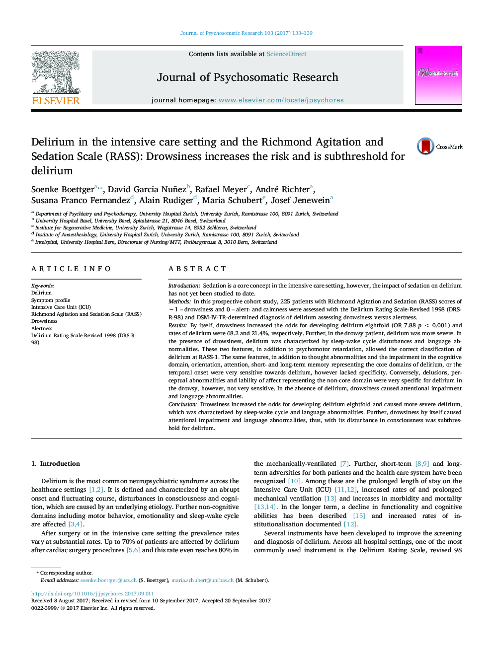 Delirium in the intensive care setting and the Richmond Agitation and Sedation Scale (RASS): Drowsiness increases the risk and is subthreshold for delirium