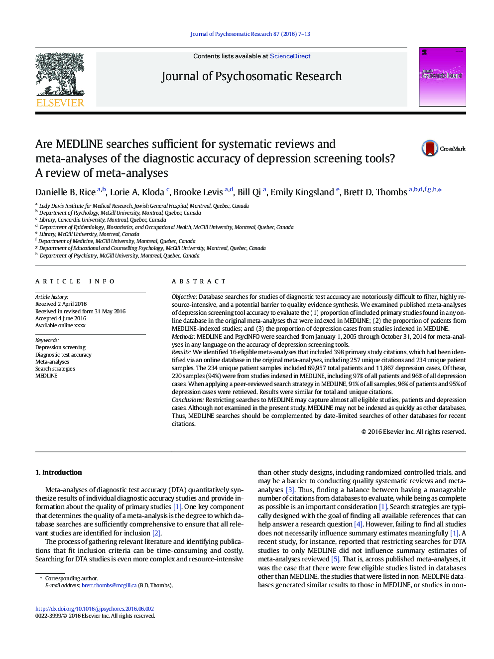 Are MEDLINE searches sufficient for systematic reviews and meta-analyses of the diagnostic accuracy of depression screening tools? A review of meta-analyses