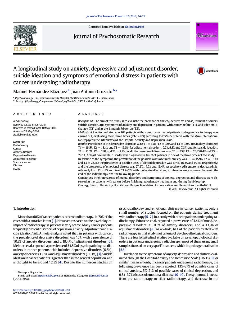 A longitudinal study on anxiety, depressive and adjustment disorder, suicide ideation and symptoms of emotional distress in patients with cancer undergoing radiotherapy