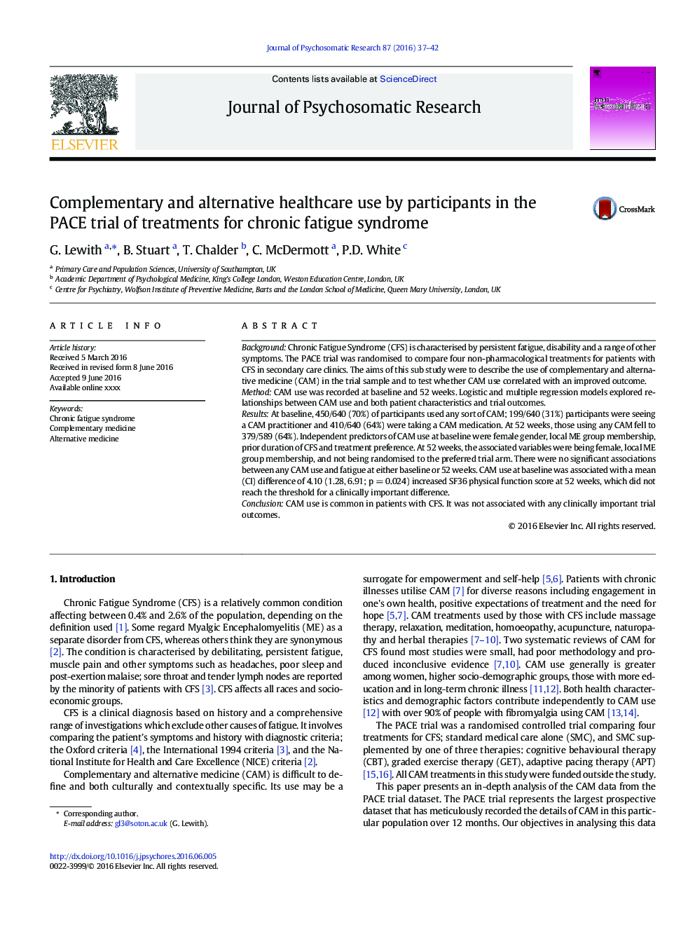 Complementary and alternative healthcare use by participants in the PACE trial of treatments for chronic fatigue syndrome