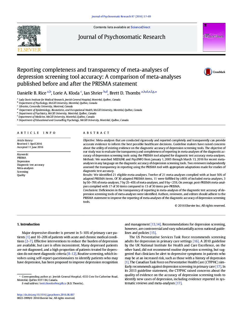 Reporting completeness and transparency of meta-analyses of depression screening tool accuracy: A comparison of meta-analyses published before and after the PRISMA statement