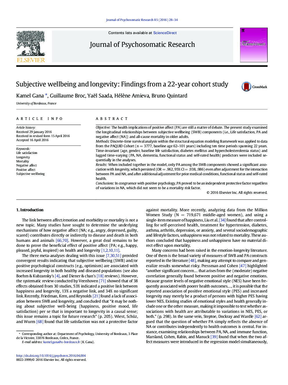 Subjective wellbeing and longevity: Findings from a 22-year cohort study