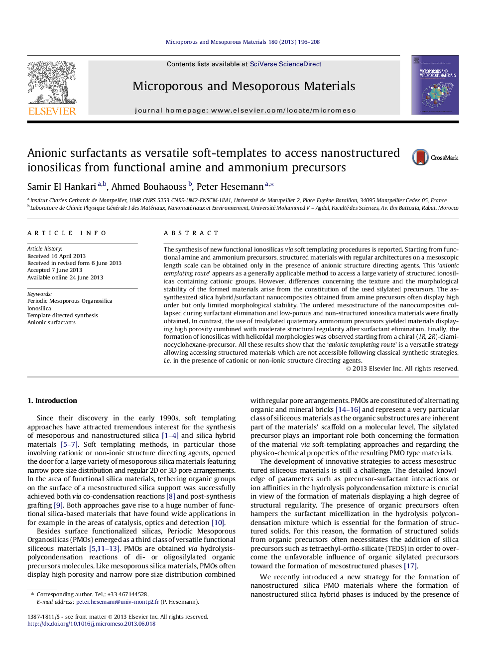 Anionic surfactants as versatile soft-templates to access nanostructured ionosilicas from functional amine and ammonium precursors