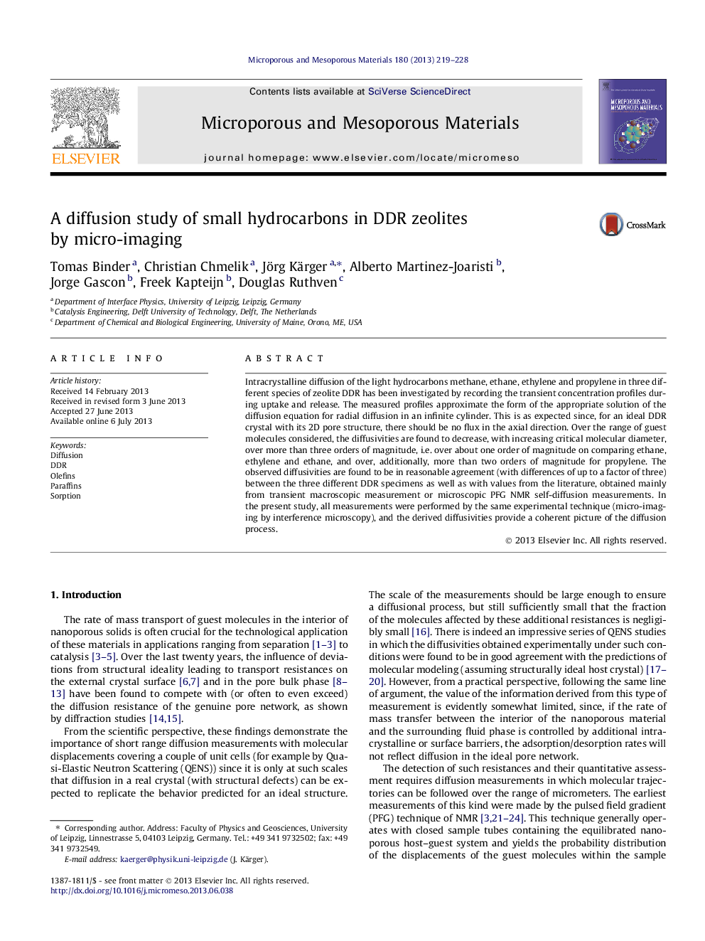 A diffusion study of small hydrocarbons in DDR zeolites by micro-imaging