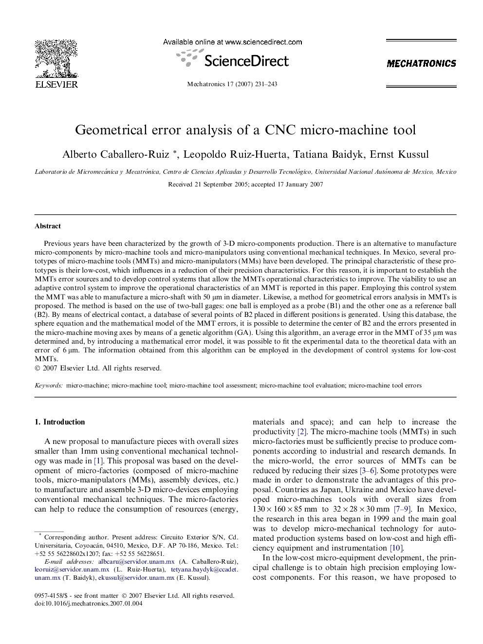 Geometrical error analysis of a CNC micro-machine tool