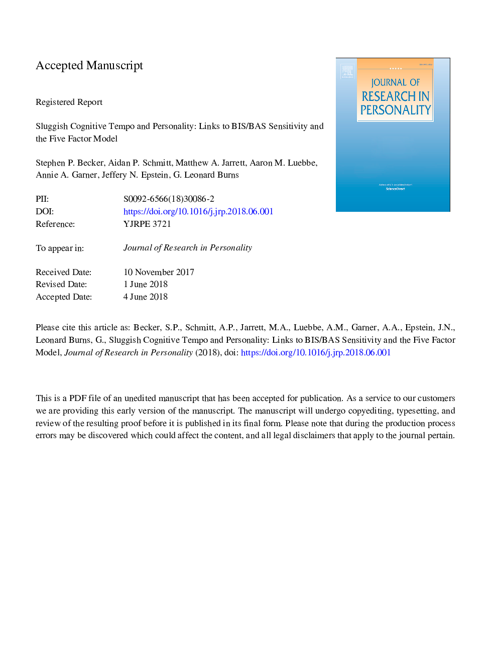 Sluggish cognitive tempo and personality: Links to BIS/BAS sensitivity and the five factor model