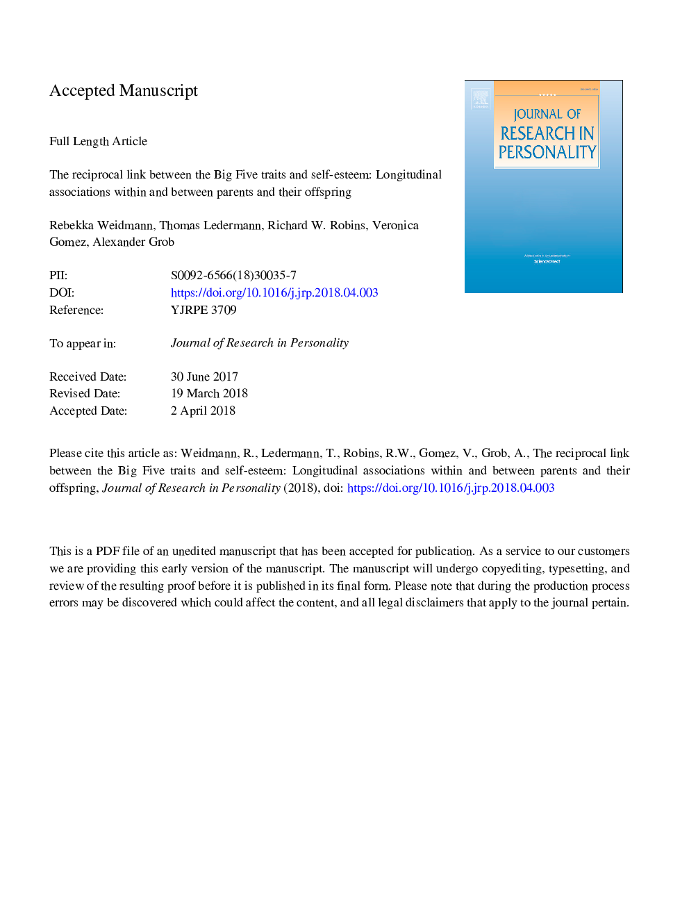 The reciprocal link between the Big Five traits and self-esteem: Longitudinal associations within and between parents and their offspring