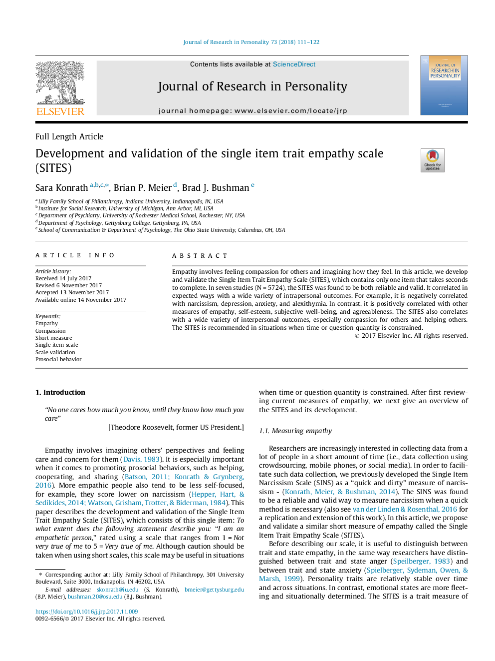 Development and validation of the single item trait empathy scale (SITES)