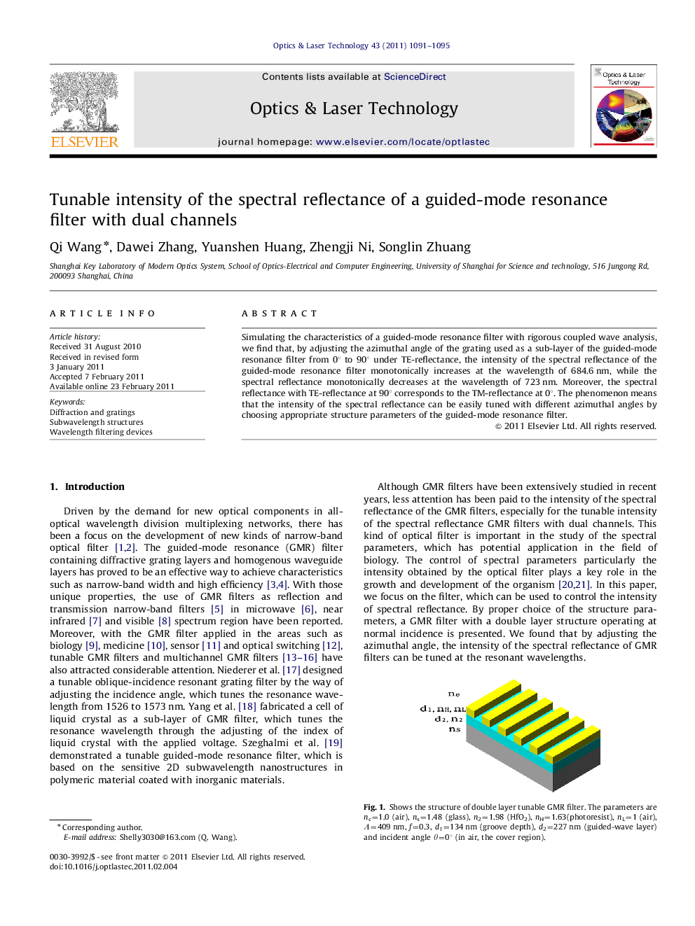 Tunable intensity of the spectral reflectance of a guided-mode resonance filter with dual channels