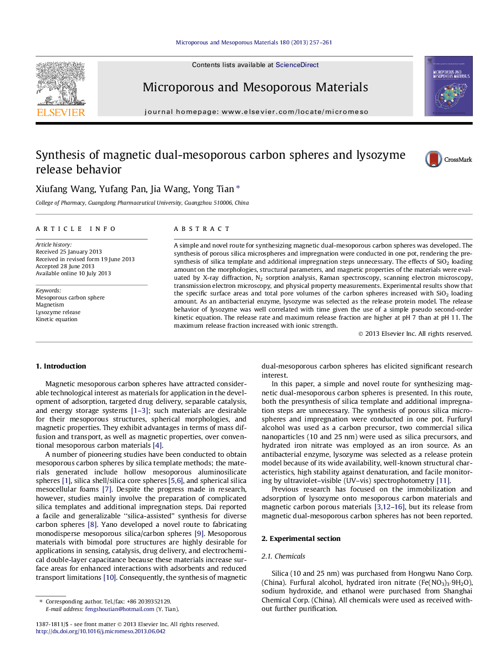 Synthesis of magnetic dual-mesoporous carbon spheres and lysozyme release behavior