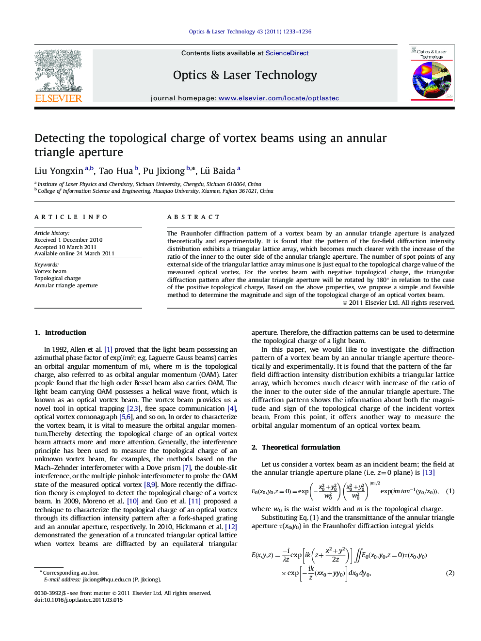 Detecting the topological charge of vortex beams using an annular triangle aperture