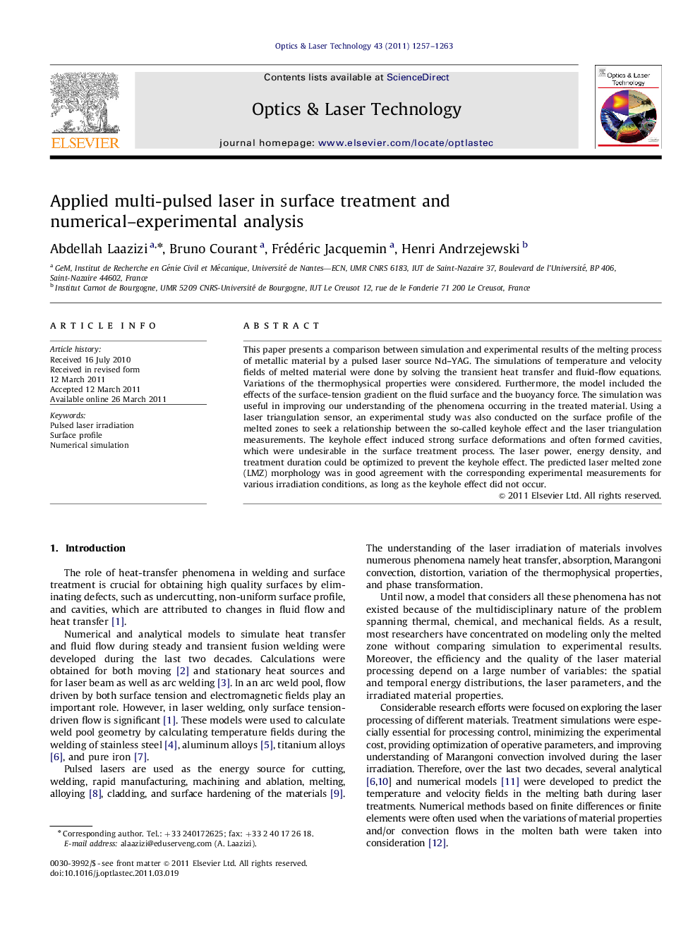 Applied multi-pulsed laser in surface treatment and numerical–experimental analysis