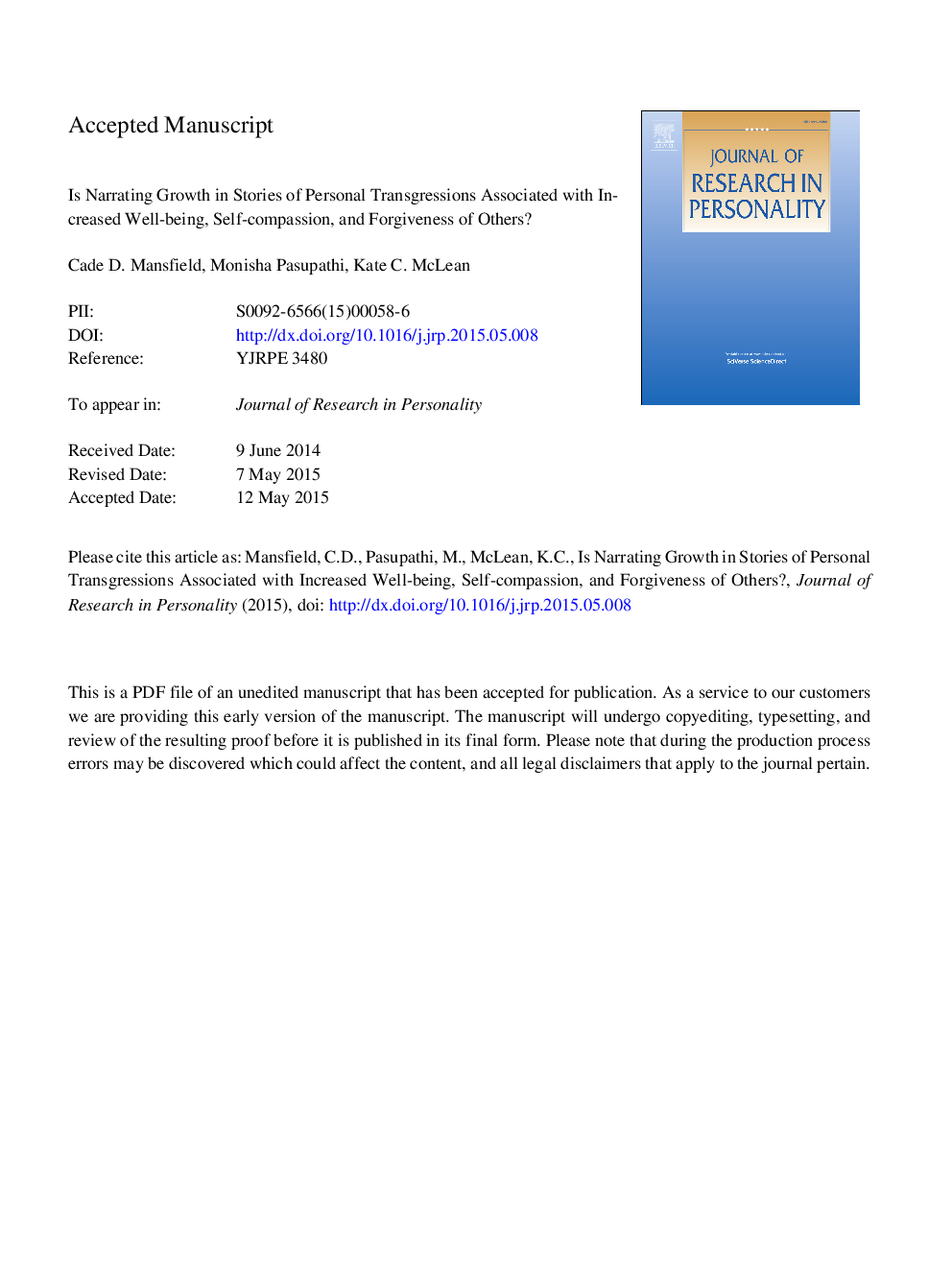 Is narrating growth in stories of personal transgressions associated with increased well-being, self-compassion, and forgiveness of others?