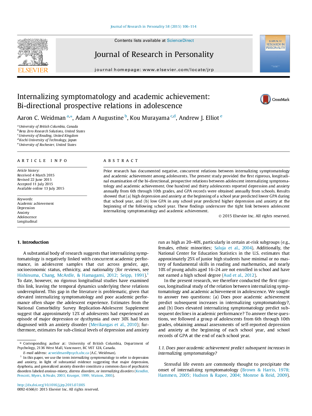 Internalizing symptomatology and academic achievement: Bi-directional prospective relations in adolescence