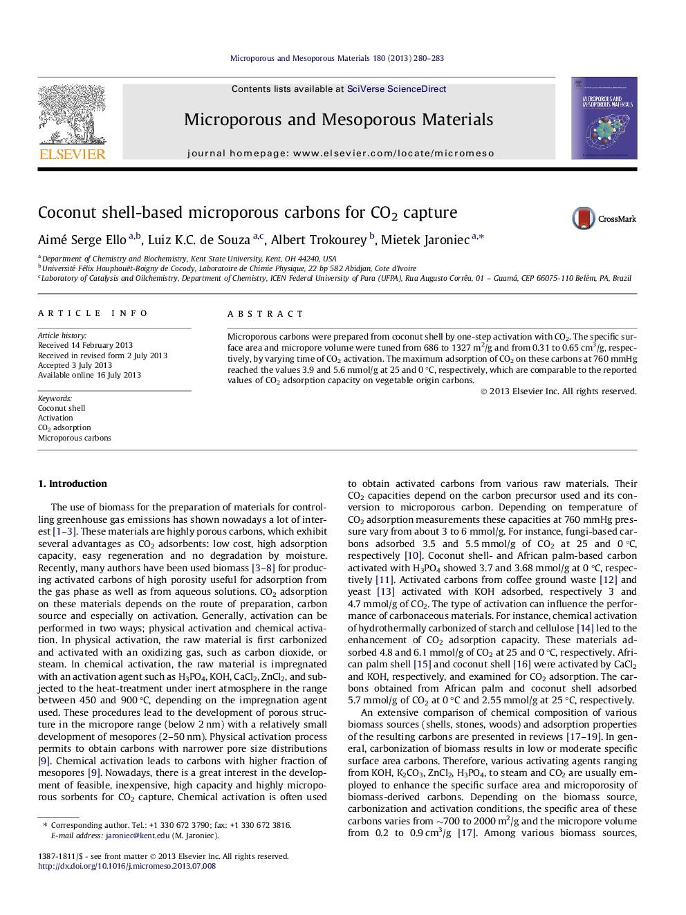 Coconut shell-based microporous carbons for CO2 capture