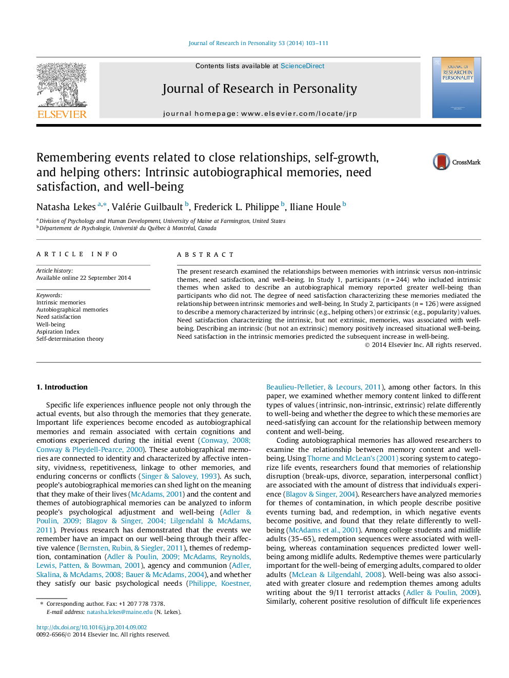 Remembering events related to close relationships, self-growth, and helping others: Intrinsic autobiographical memories, need satisfaction, and well-being