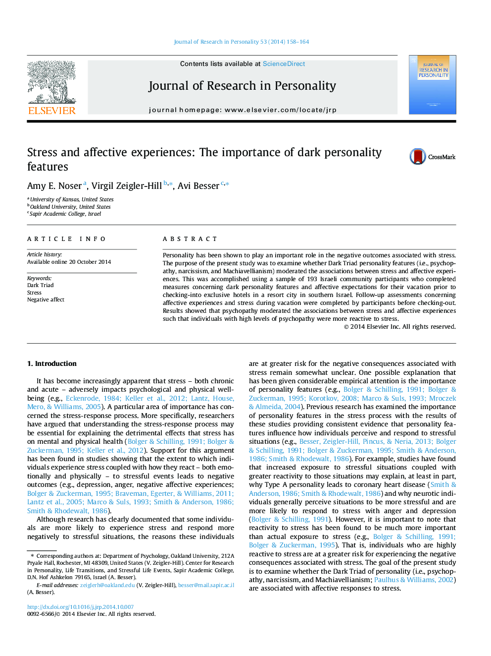 Stress and affective experiences: The importance of dark personality features