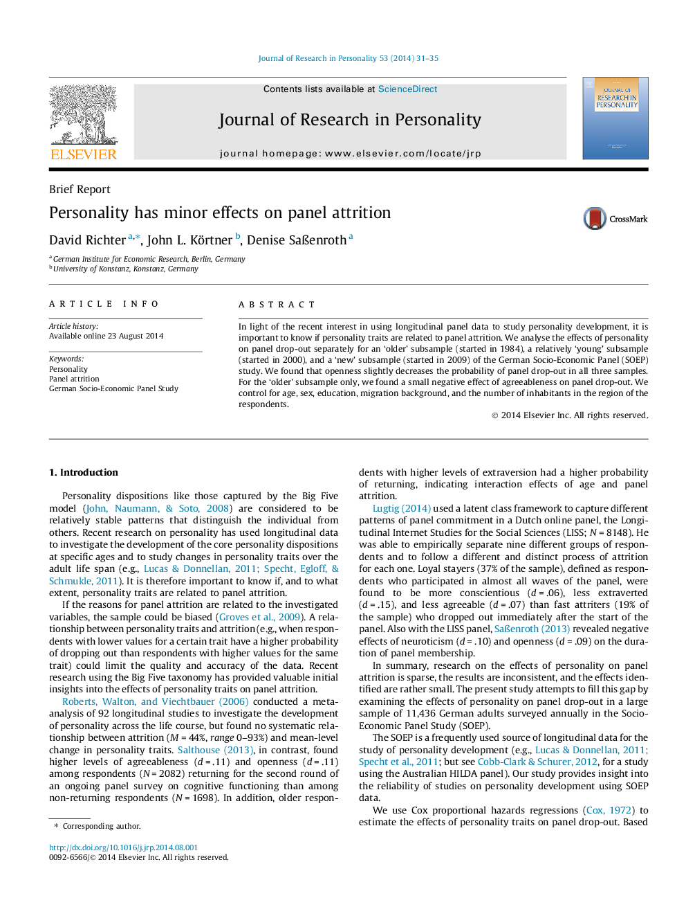 Personality has minor effects on panel attrition