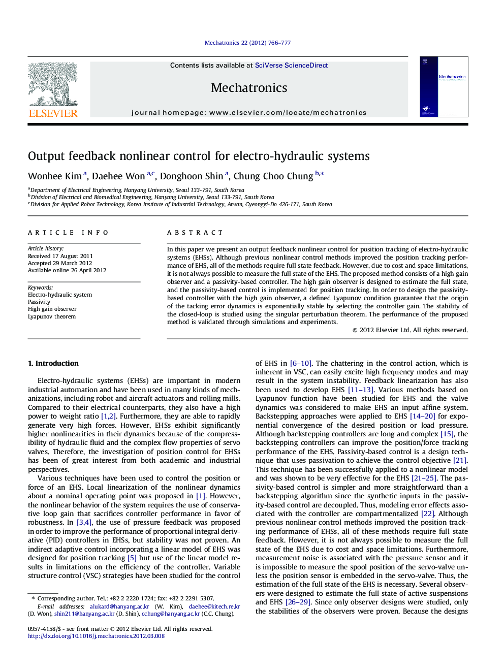 Output feedback nonlinear control for electro-hydraulic systems