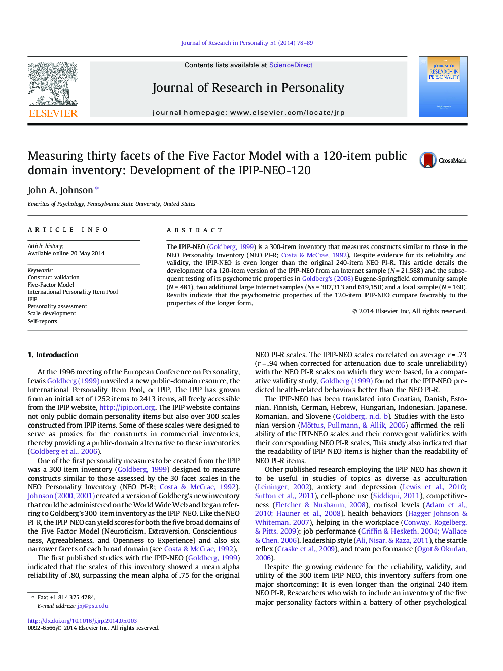 Measuring thirty facets of the Five Factor Model with a 120-item public domain inventory: Development of the IPIP-NEO-120