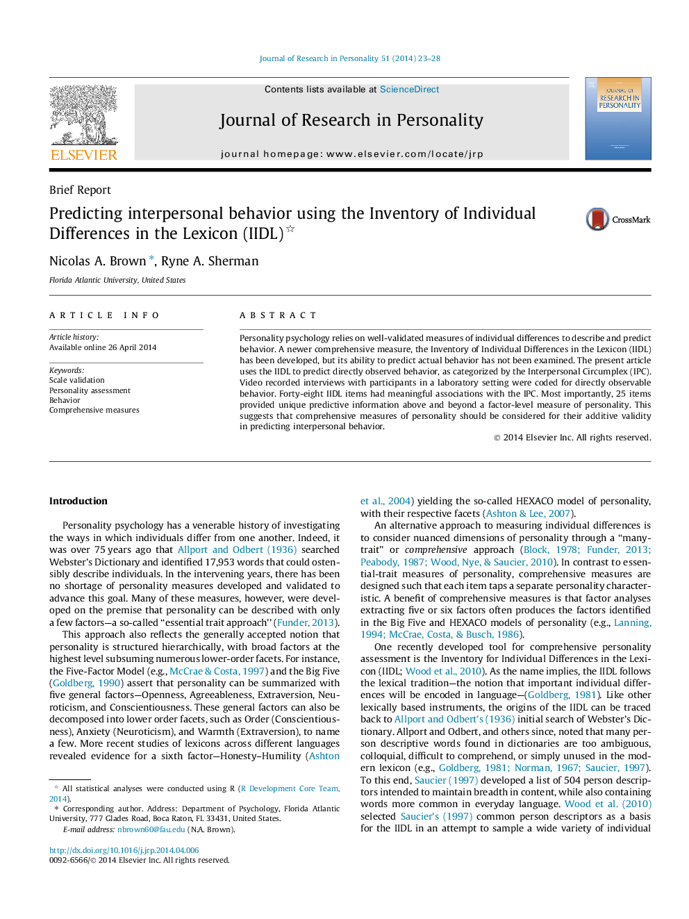 Predicting interpersonal behavior using the Inventory of Individual Differences in the Lexicon (IIDL)