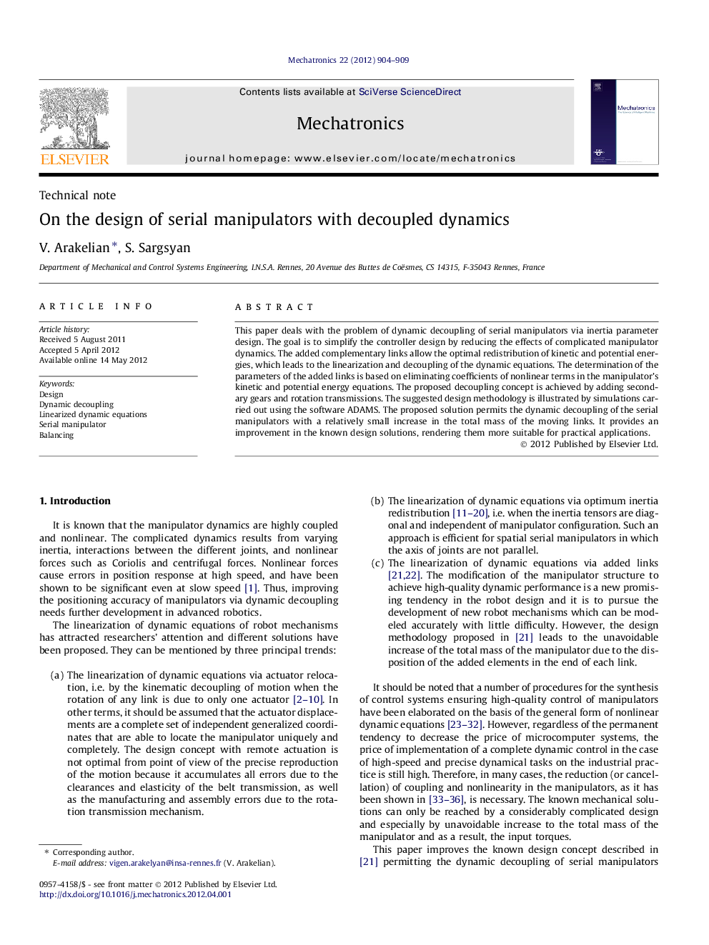 On the design of serial manipulators with decoupled dynamics