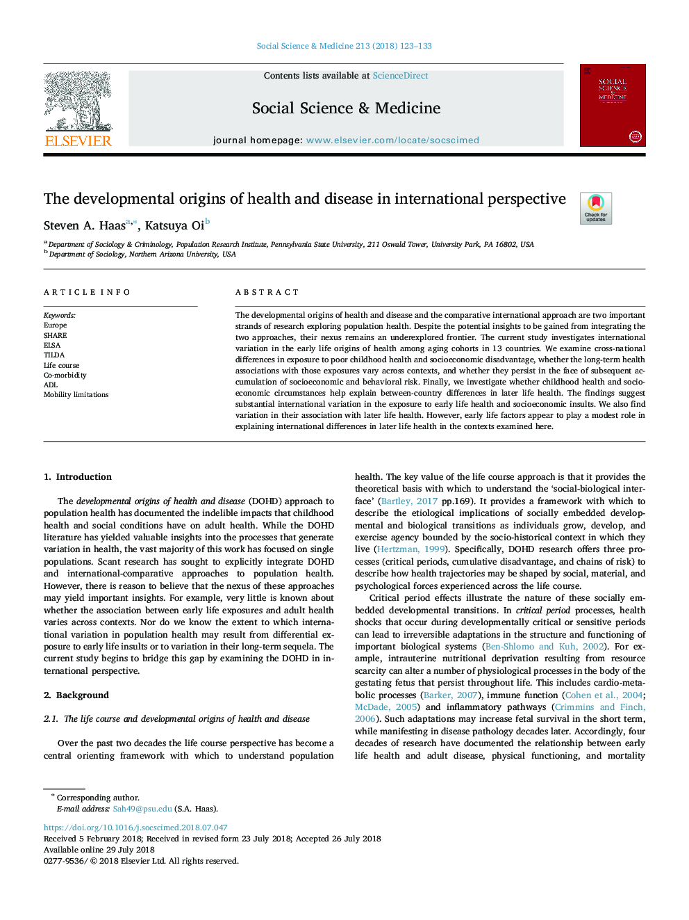 The developmental origins of health and disease in international perspective