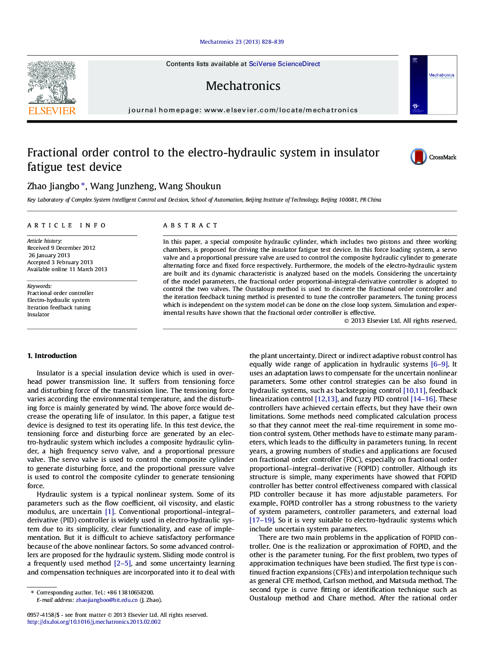 Fractional order control to the electro-hydraulic system in insulator fatigue test device