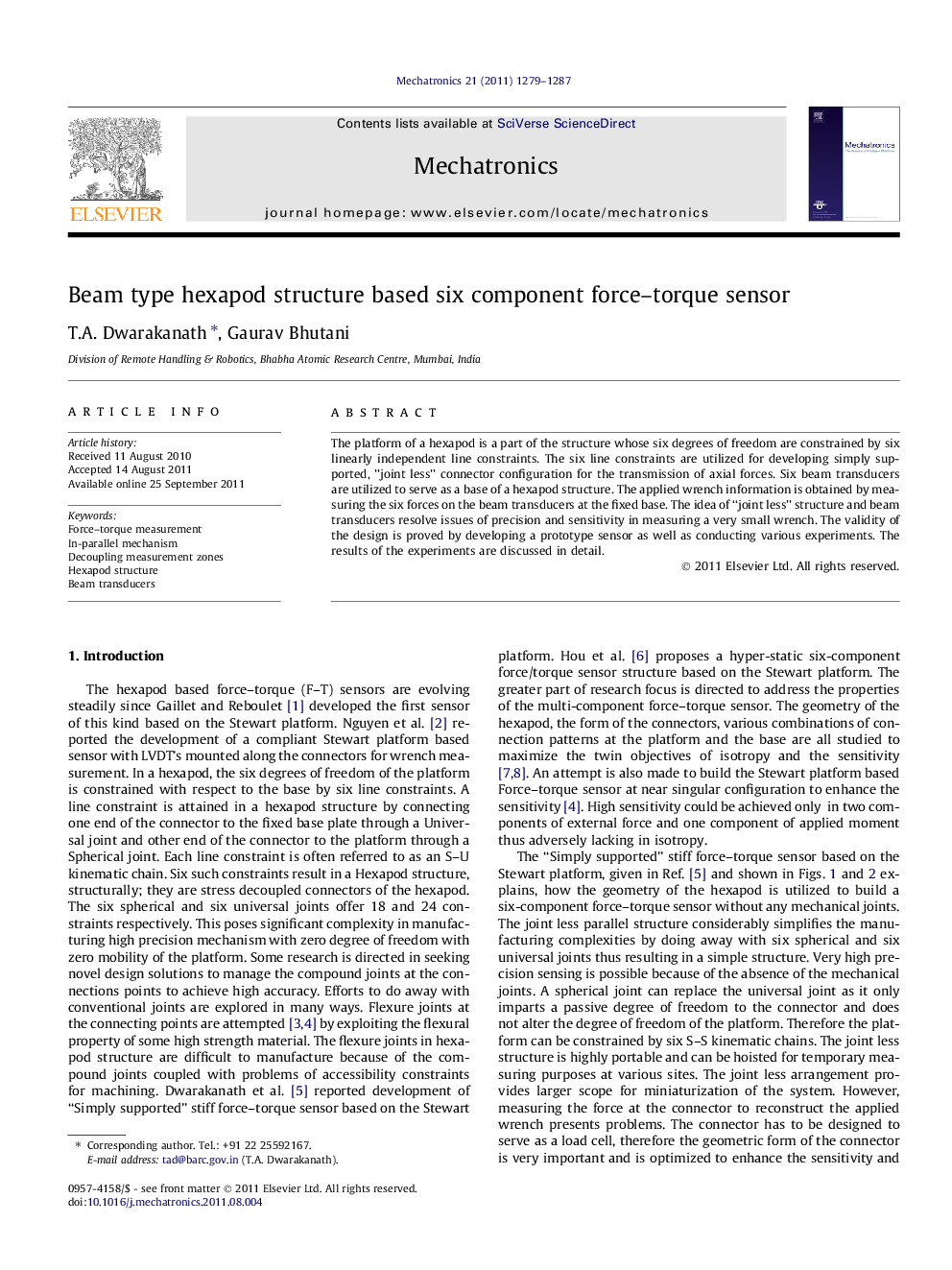 Beam type hexapod structure based six component force–torque sensor