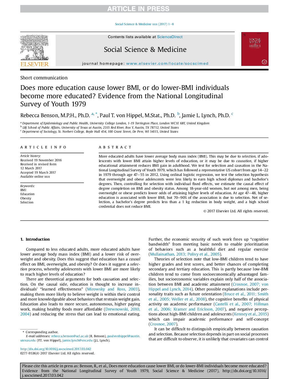 Does more education cause lower BMI, or do lower-BMI individuals become more educated? Evidence from the National Longitudinal Survey of Youth 1979