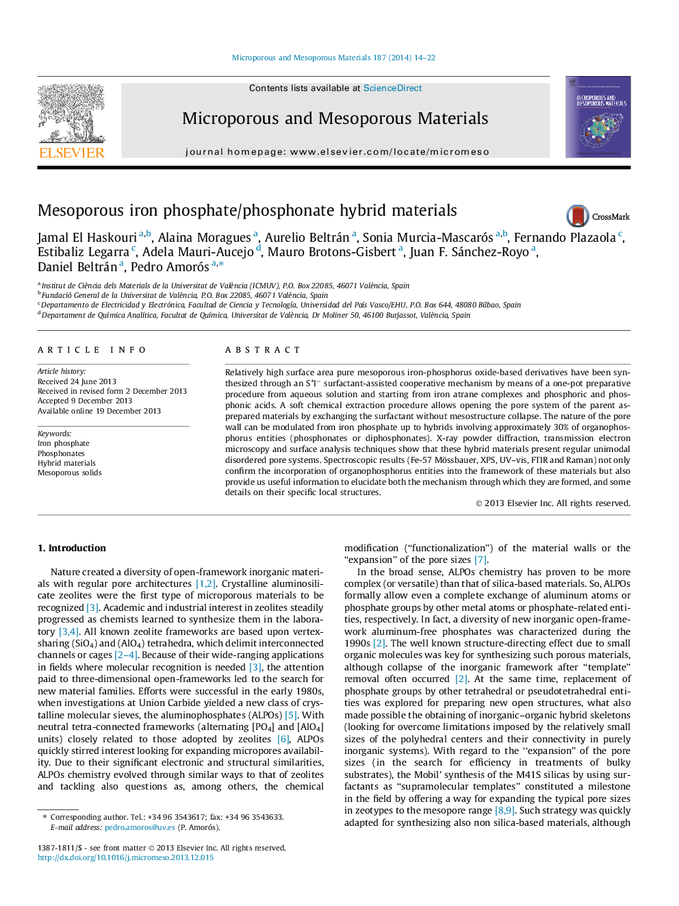 Mesoporous iron phosphate/phosphonate hybrid materials