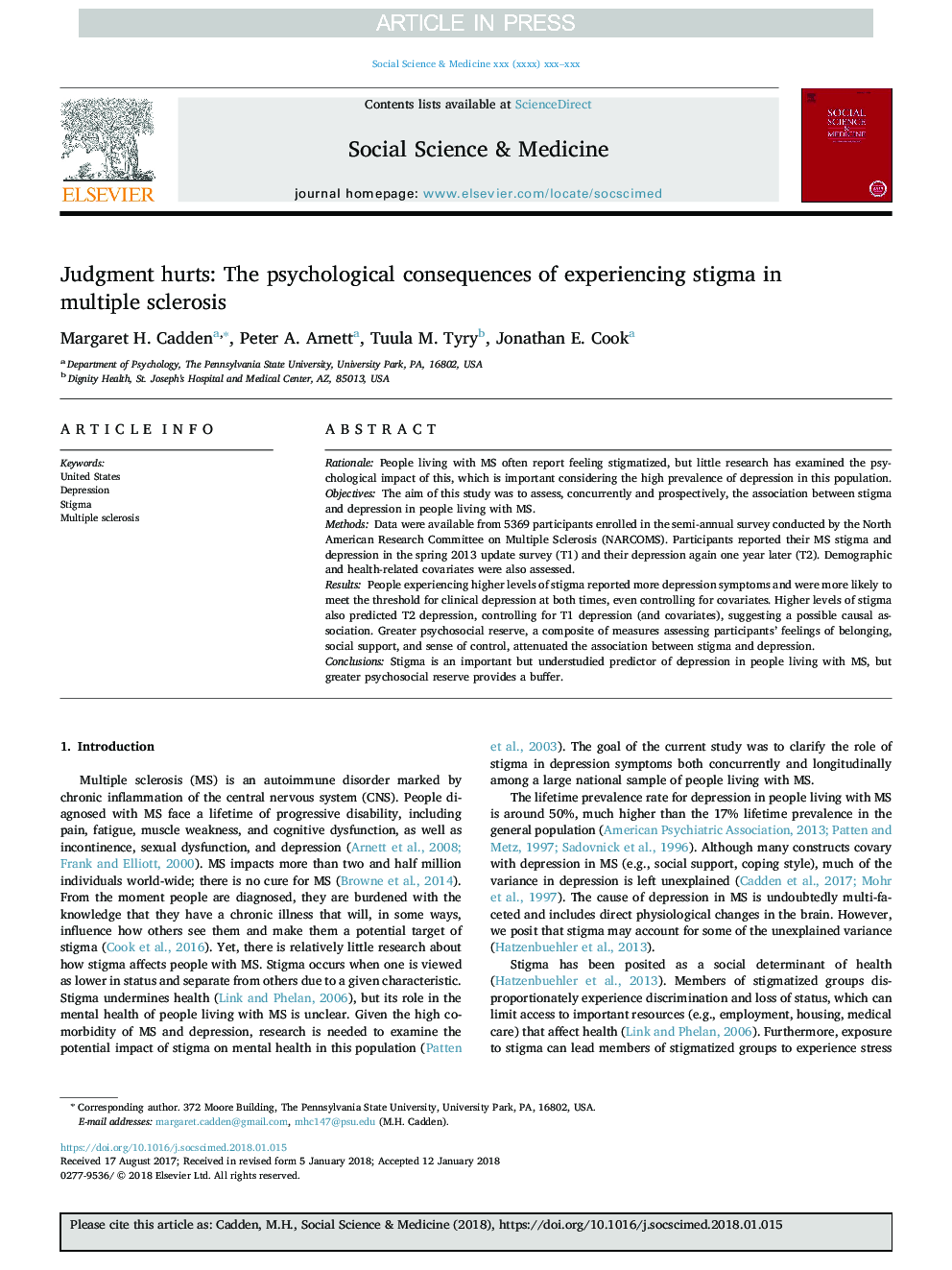 Judgment hurts: The psychological consequences of experiencing stigma in multiple sclerosis