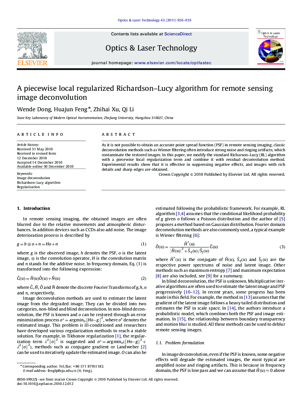 A piecewise local regularized Richardson–Lucy algorithm for remote sensing image deconvolution