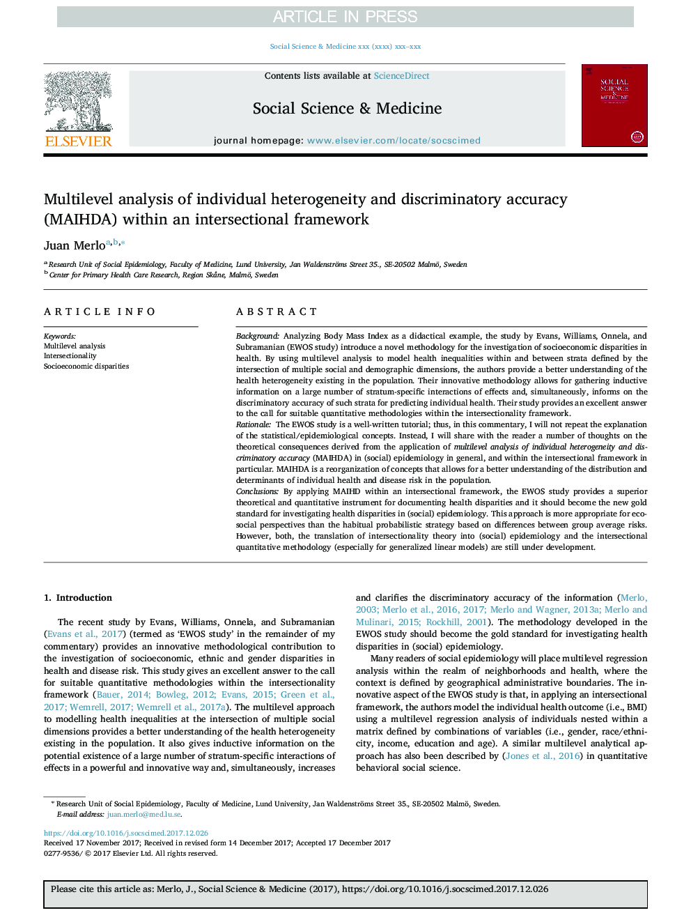 Multilevel analysis of individual heterogeneity and discriminatory accuracy (MAIHDA) within an intersectional framework