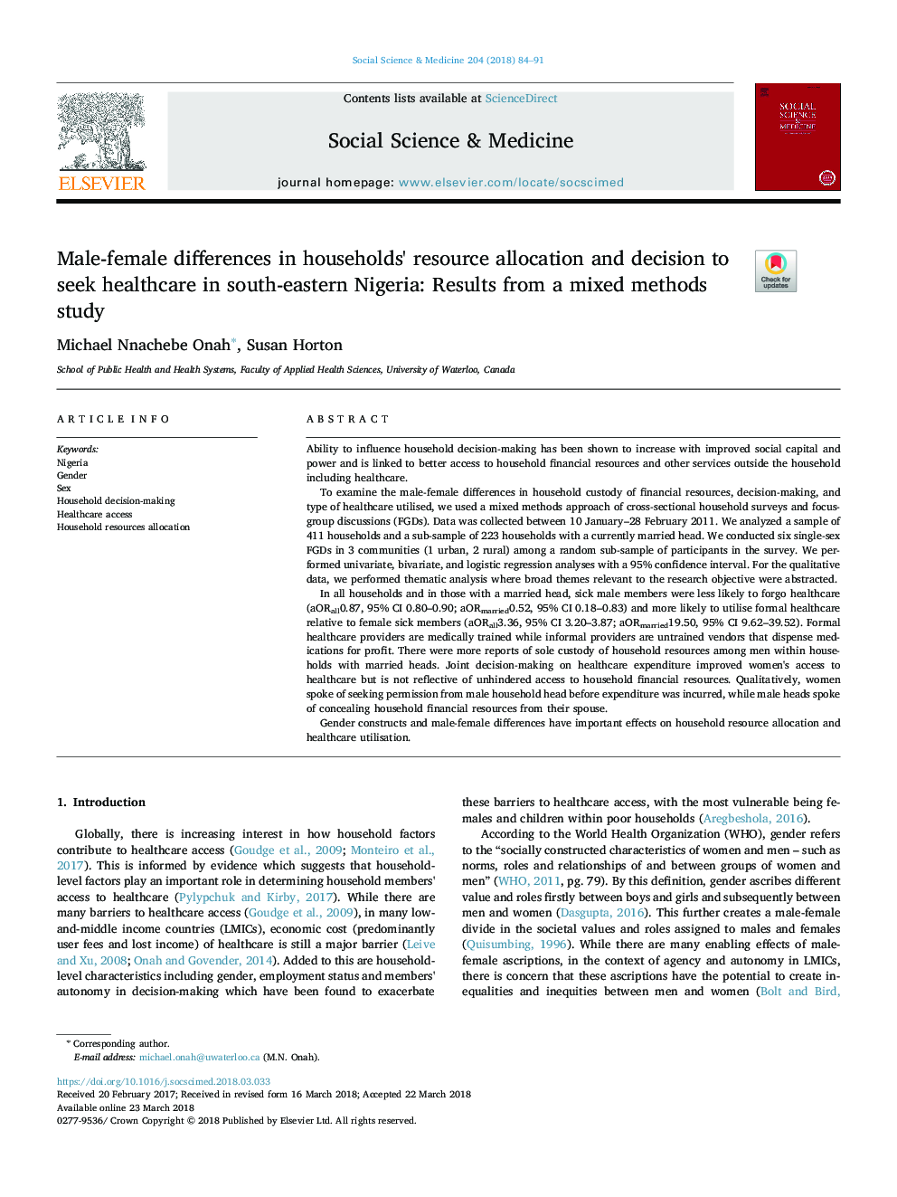 Male-female differences in households' resource allocation and decision to seek healthcare in south-eastern Nigeria: Results from a mixed methods study