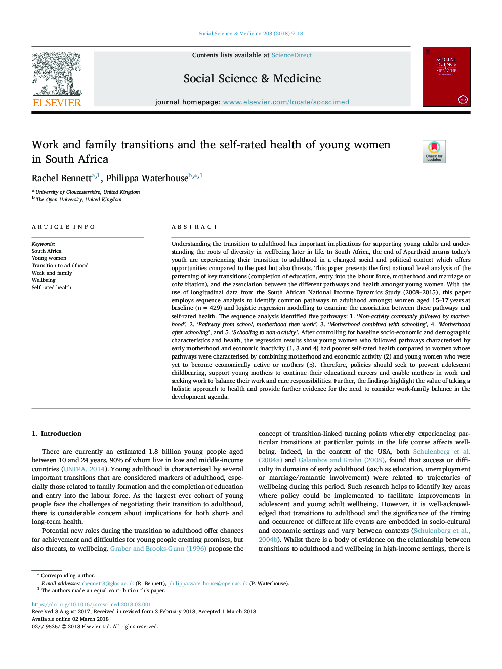 Work and family transitions and the self-rated health of young women in South Africa