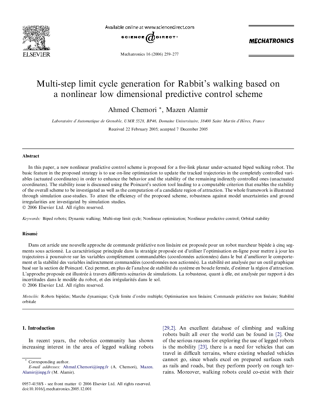 Multi-step limit cycle generation for Rabbit’s walking based on a nonlinear low dimensional predictive control scheme