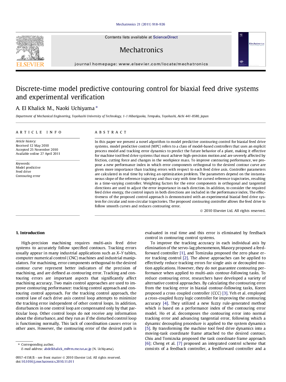 Discrete-time model predictive contouring control for biaxial feed drive systems and experimental verification