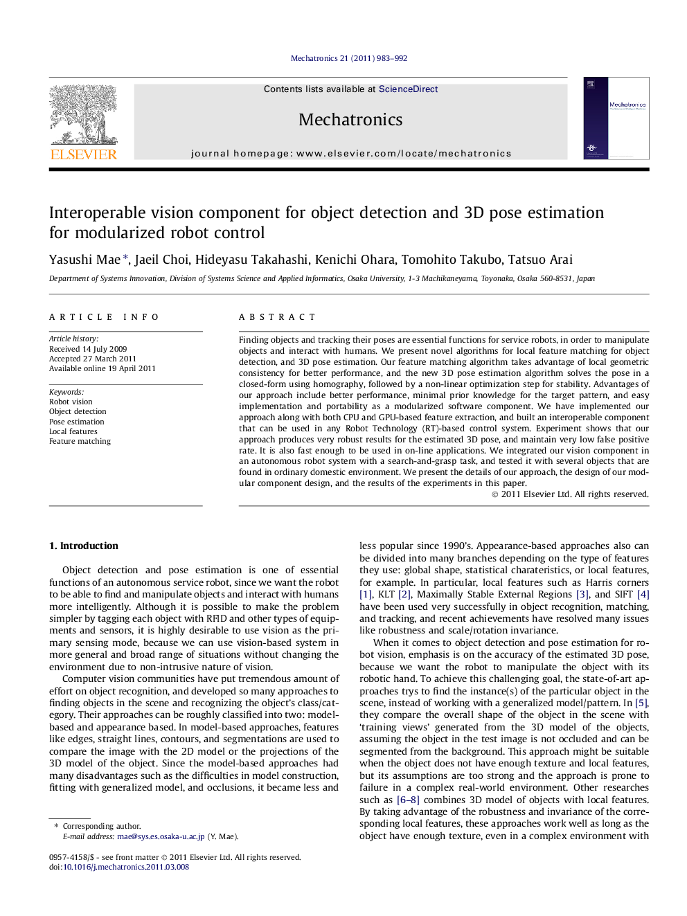 Interoperable vision component for object detection and 3D pose estimation for modularized robot control