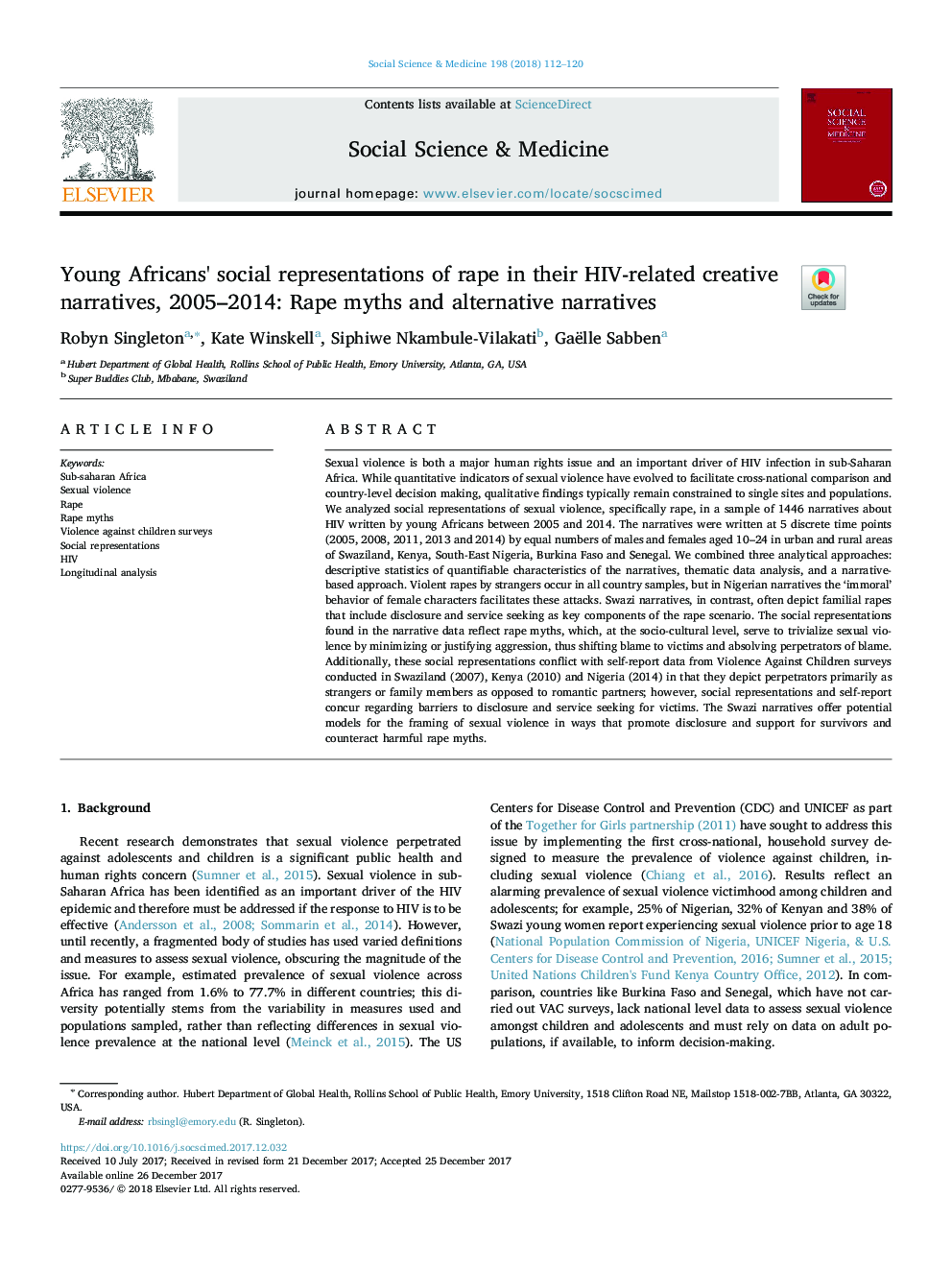 Young Africans' social representations of rape in their HIV-related creative narratives, 2005-2014: Rape myths and alternative narratives