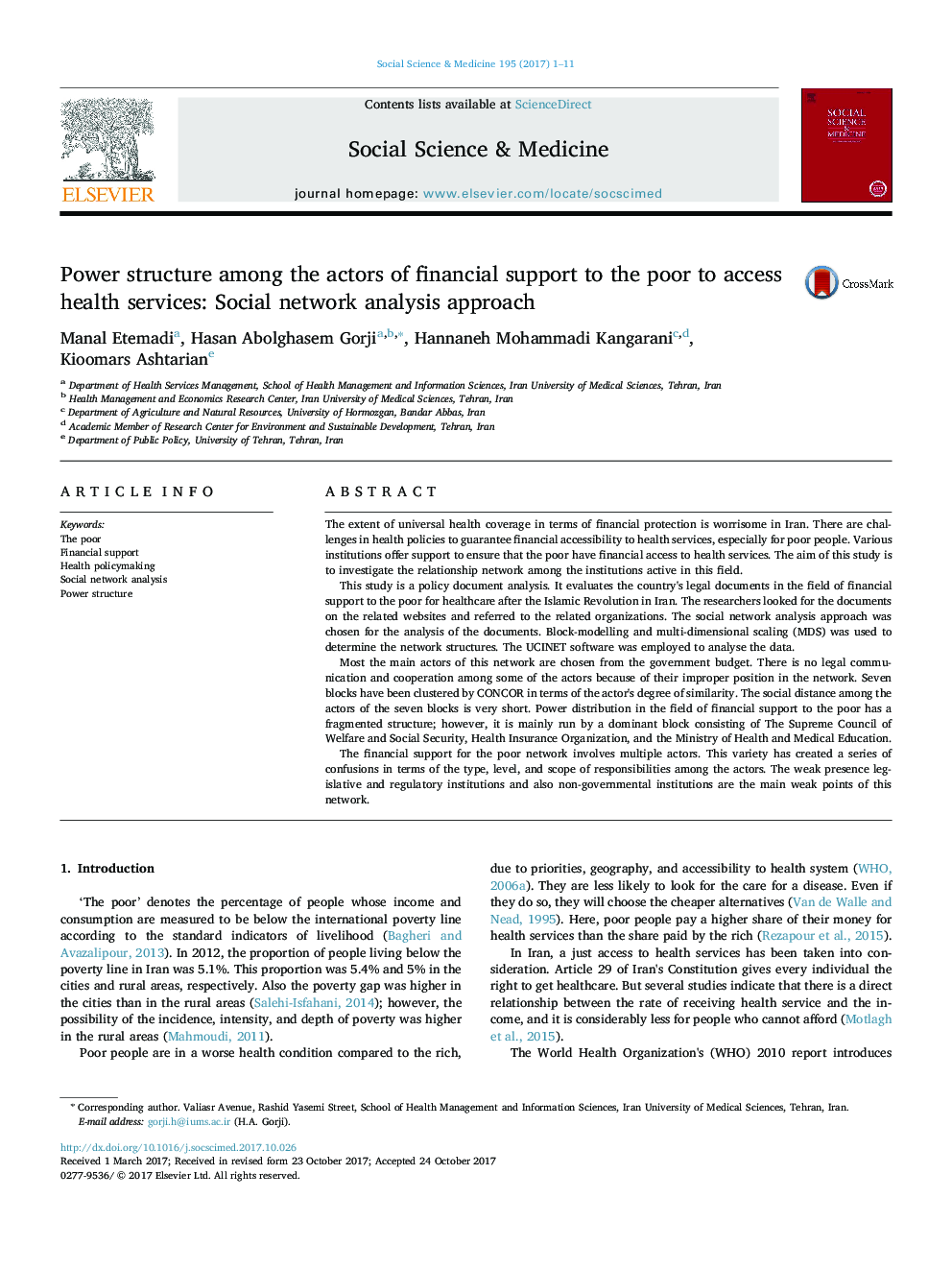 Power structure among the actors of financial support to the poor to access health services: Social network analysis approach