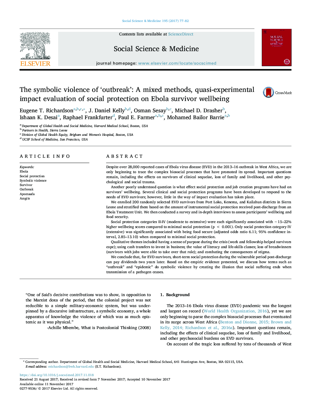 The symbolic violence of 'outbreak': A mixed-methods, quasi-experimental impact evaluation of social protection on Ebola survivor wellbeing