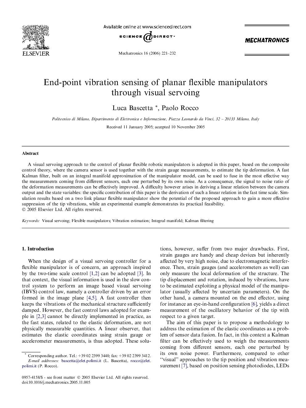 End-point vibration sensing of planar flexible manipulators through visual servoing