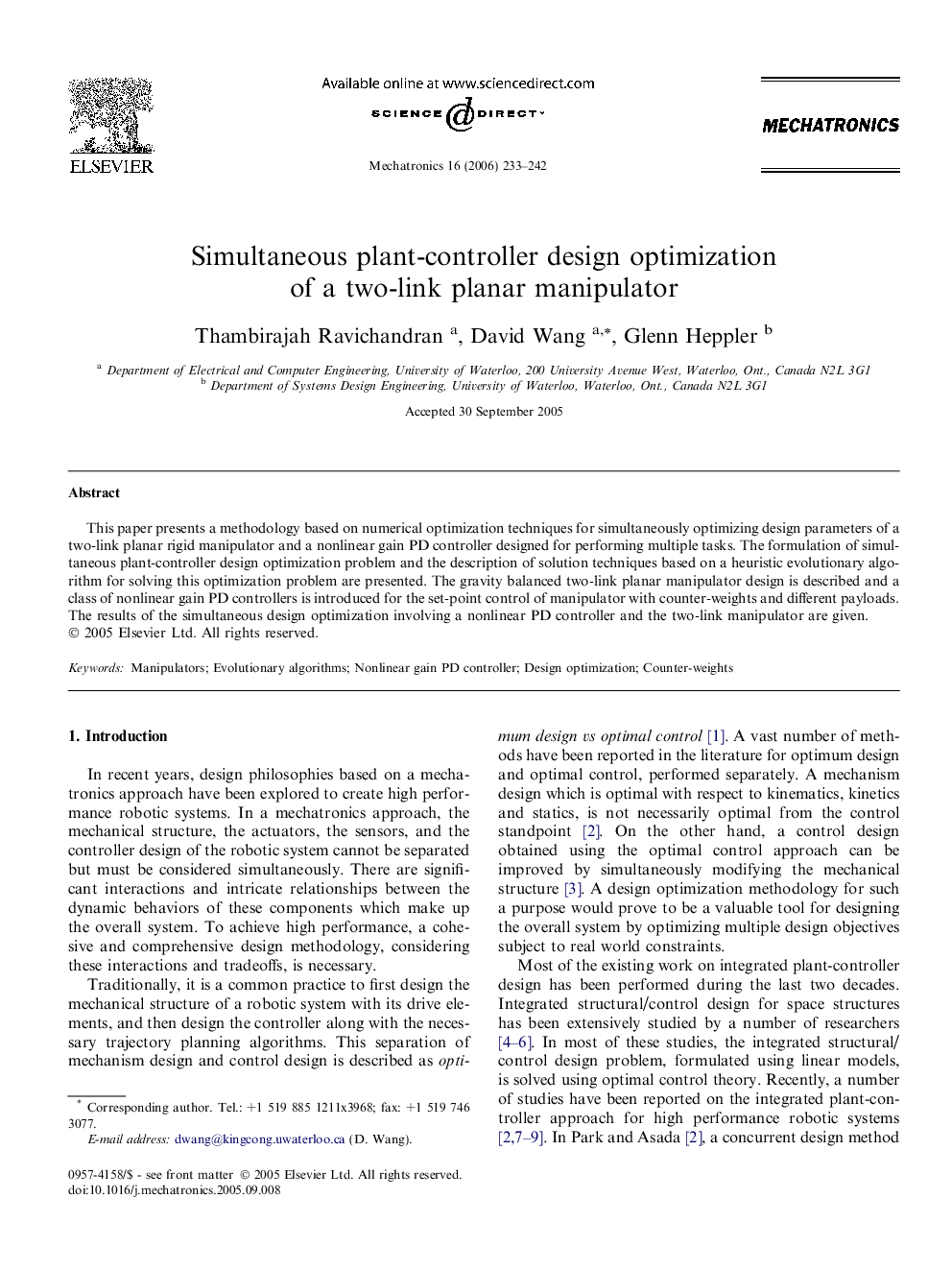 Simultaneous plant-controller design optimization of a two-link planar manipulator