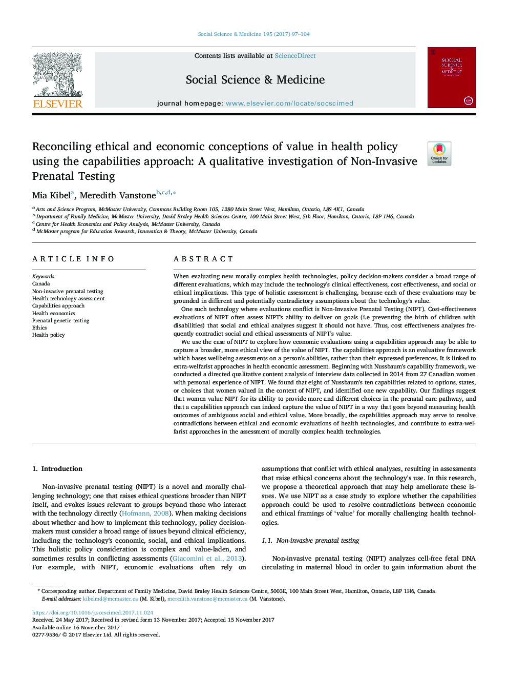 Reconciling ethical and economic conceptions of value in health policy using the capabilities approach: A qualitative investigation of Non-Invasive Prenatal Testing