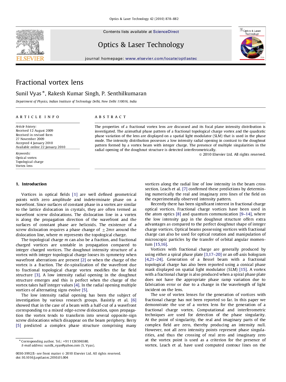 Fractional vortex lens