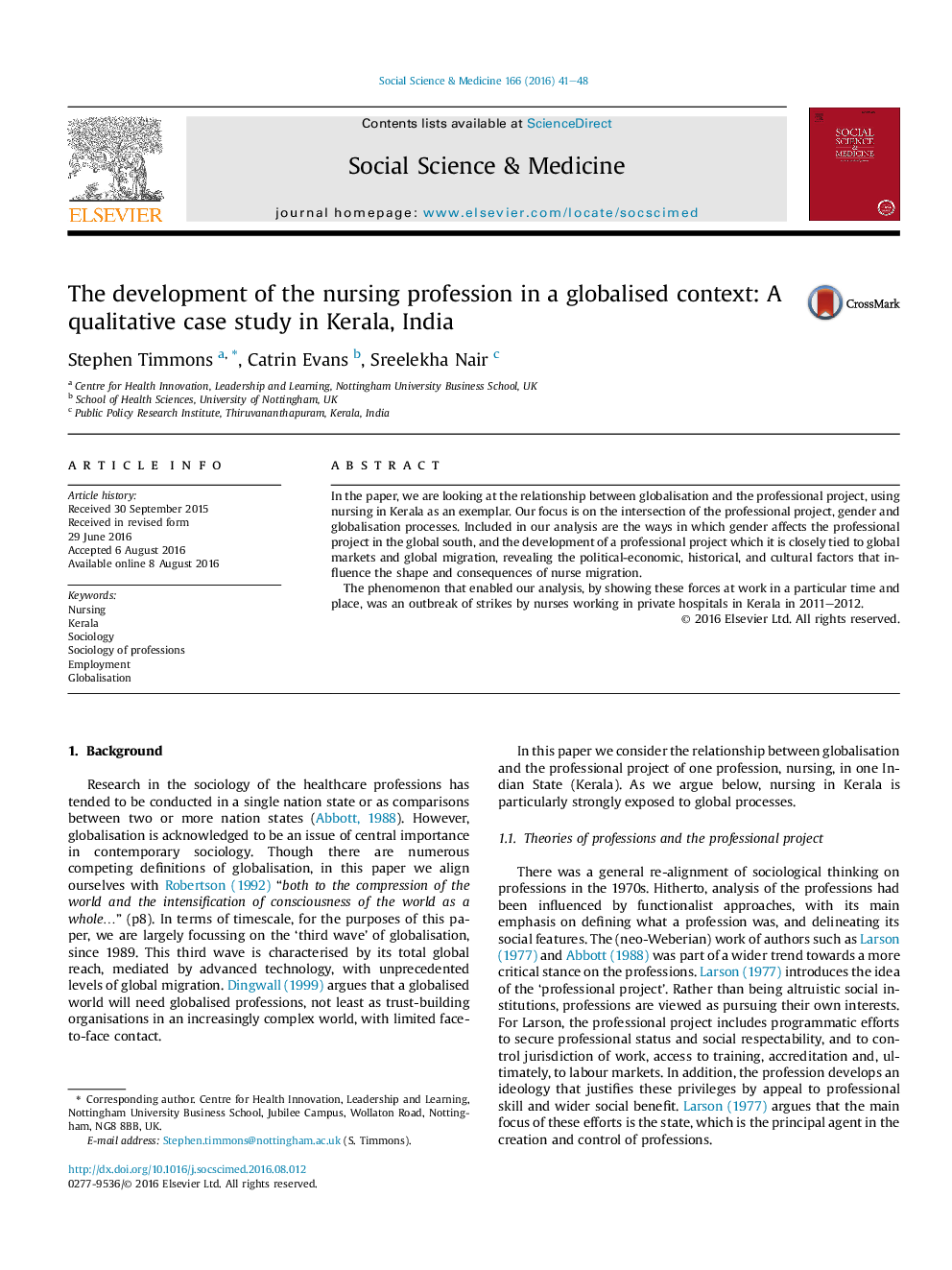 The development of the nursing profession in a globalised context: A qualitative case study in Kerala, India