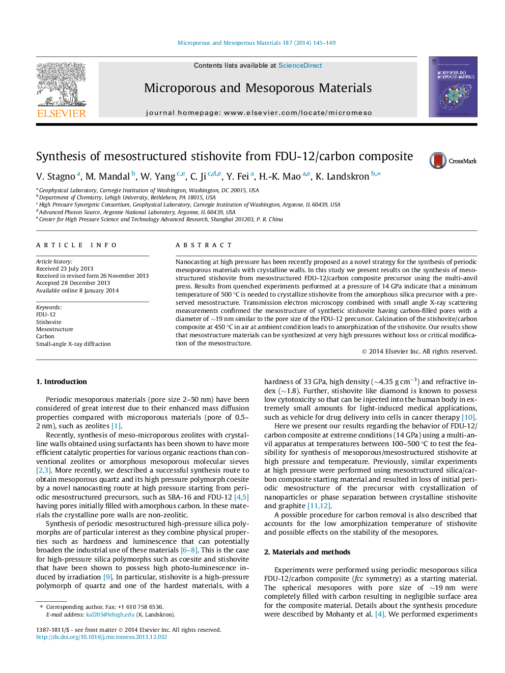 Synthesis of mesostructured stishovite from FDU-12/carbon composite