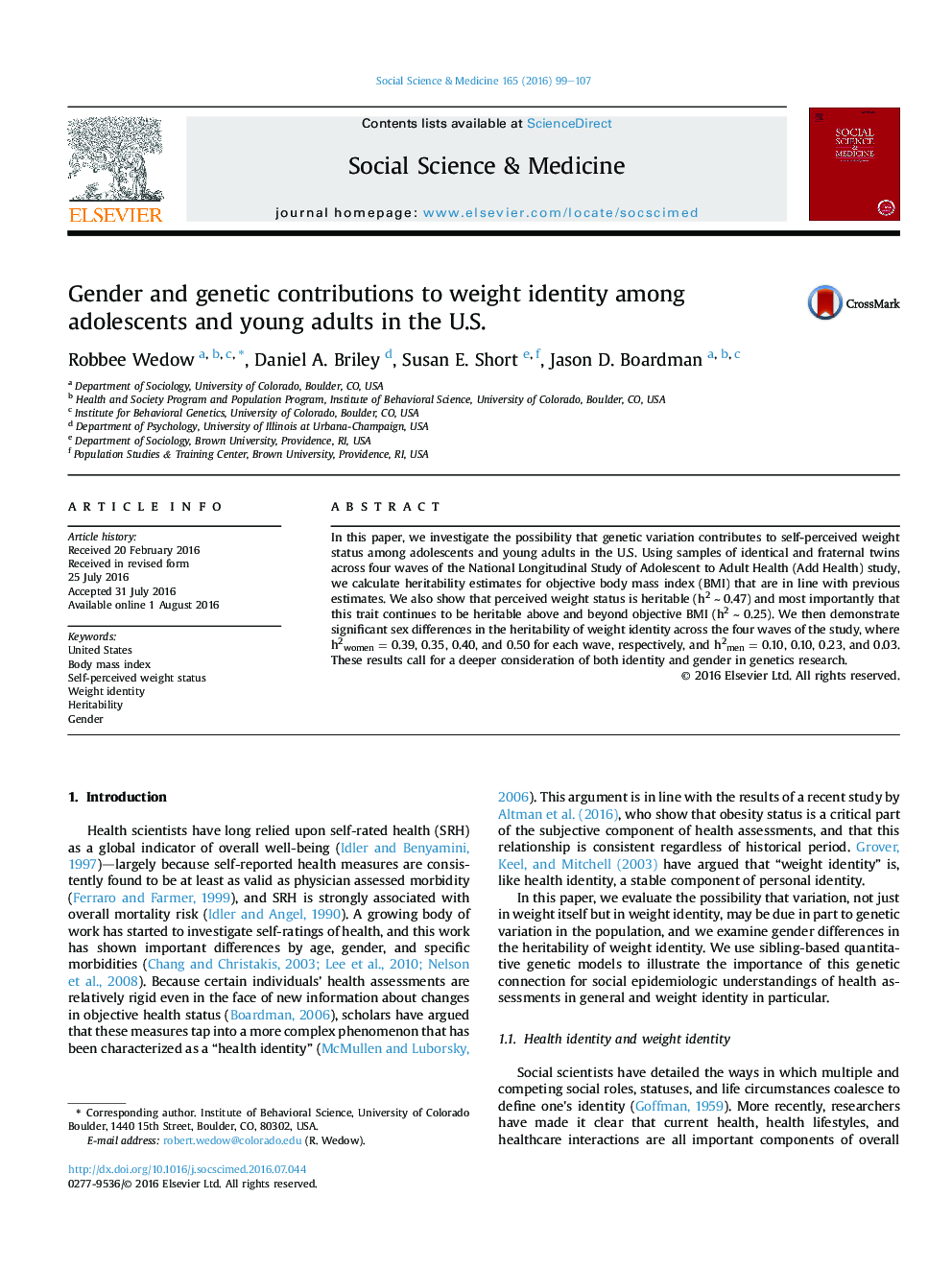 Gender and genetic contributions to weight identity among adolescents and young adults in the U.S.